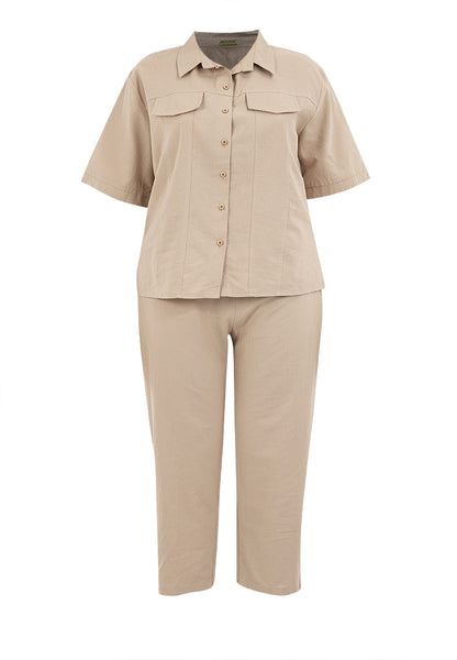 Divina Plus Size Cotton Linen Collared Top Blouse and Pants 2 Piece Set Terno