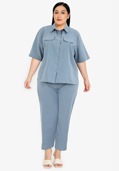 Divina Plus Size Cotton Linen Collared Top Blouse and Pants 2 Piece Set Terno