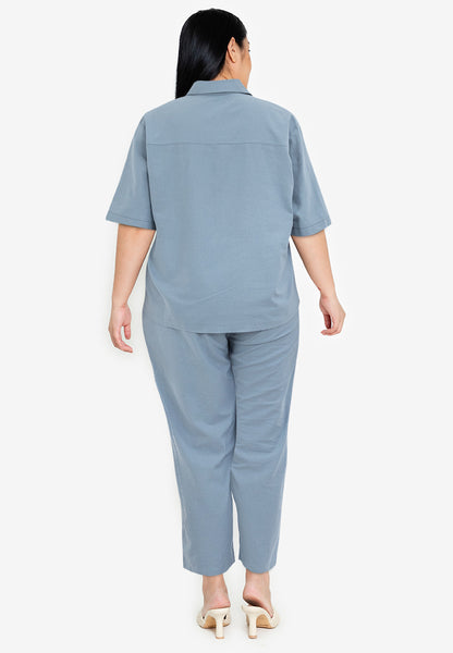 Divina Plus Size Cotton Linen Collared Top Blouse and Pants 2 Piece Set Terno