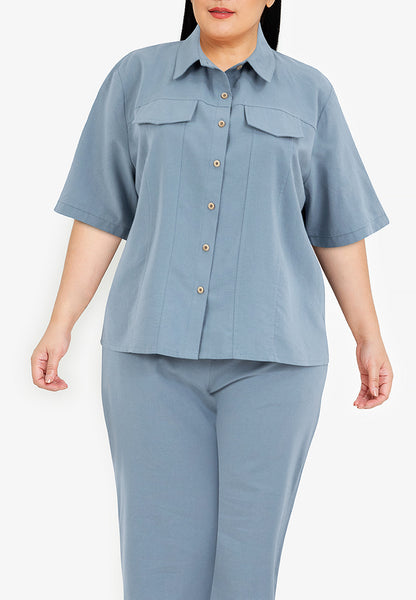 Divina Plus Size Cotton Linen Collared Top Blouse and Pants 2 Piece Set Terno