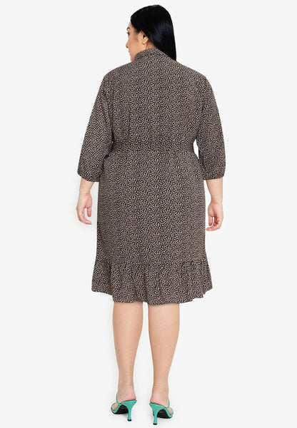 Divina Plus Size Printed Puff Sleeves Flounce Hem Shirt Dress