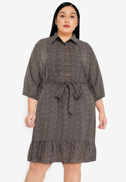 Divina Plus Size Printed Puff Sleeves Flounce Hem Shirt Dress