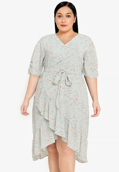 Divina Plus Size Wrap Frill Hem Printed Tie Waist Midi Dress
