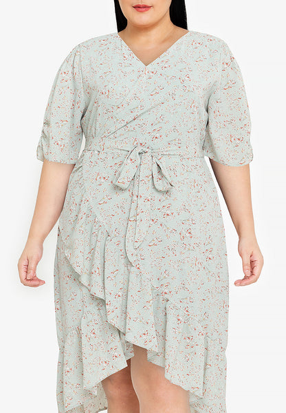Divina Plus Size Wrap Frill Hem Printed Tie Waist Midi Dress