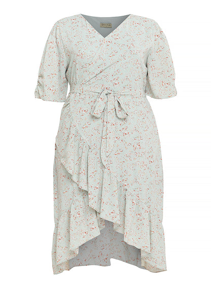 Divina Plus Size Wrap Frill Hem Printed Tie Waist Midi Dress