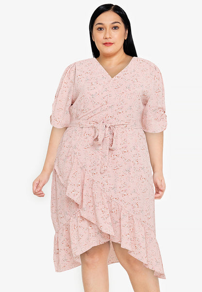 Divina Plus Size Wrap Frill Hem Printed Tie Waist Midi Dress