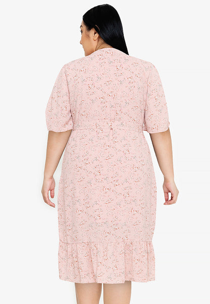 Divina Plus Size Wrap Frill Hem Printed Tie Waist Midi Dress