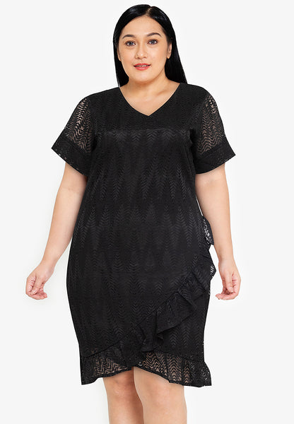 Divina Plus Size V-neck Frill Hem Lace Dress