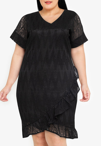 Divina Plus Size V-neck Frill Hem Lace Dress