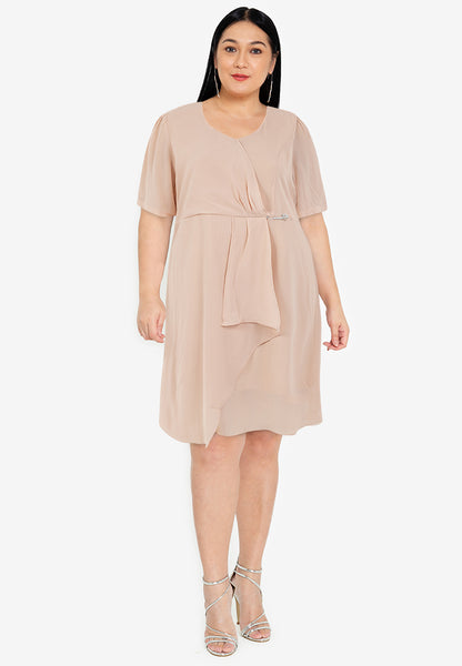 Divina Plus Size Twist Front Overlap Dress with Detachable Pin
