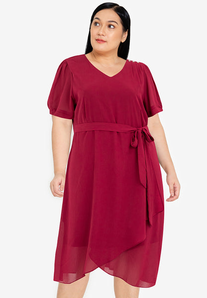 Divina Plus Size Overlap V-Neck Tie Waist Dress
