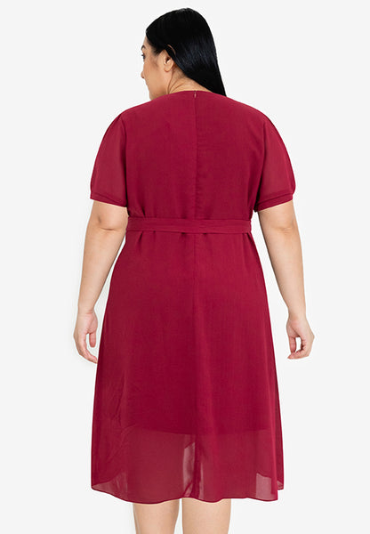 Divina Plus Size Overlap V-Neck Tie Waist Dress