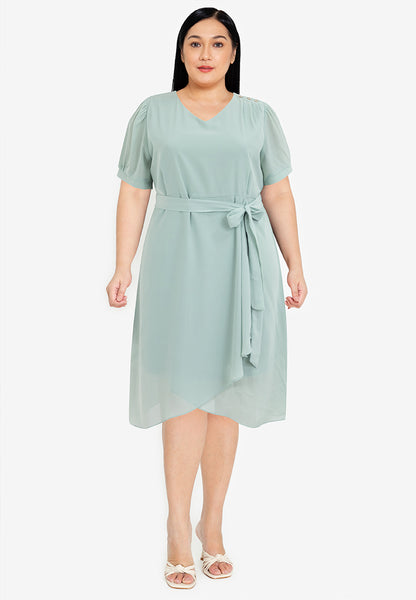Divina Plus Size Overlap V-Neck Tie Waist Dress