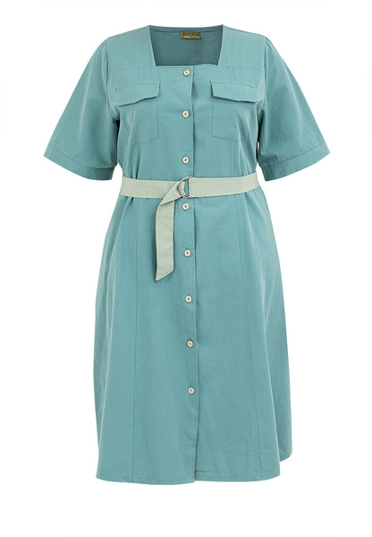 Plus Size Double Pocket Square Neck Button Down Dress with Belt