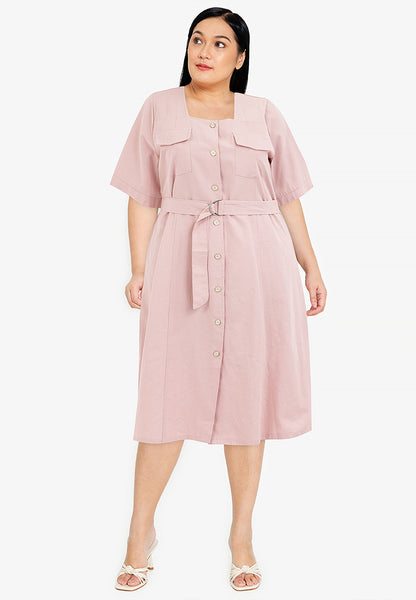 Plus Size Double Pocket Square Neck Button Down Dress with Belt