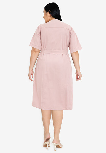 Plus Size Double Pocket Square Neck Button Down Dress with Belt