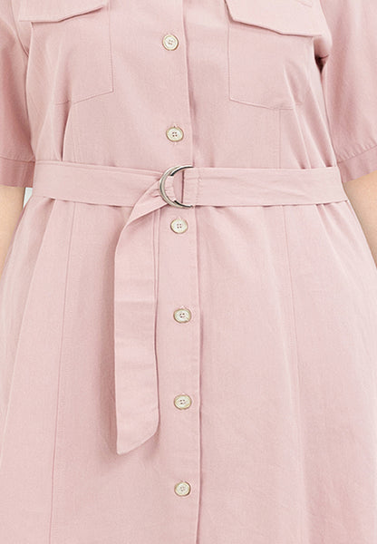 Plus Size Double Pocket Square Neck Button Down Dress with Belt
