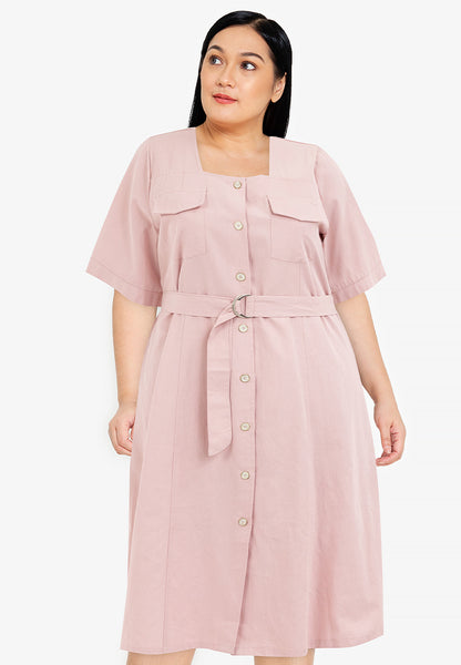 Plus Size Double Pocket Square Neck Button Down Dress with Belt