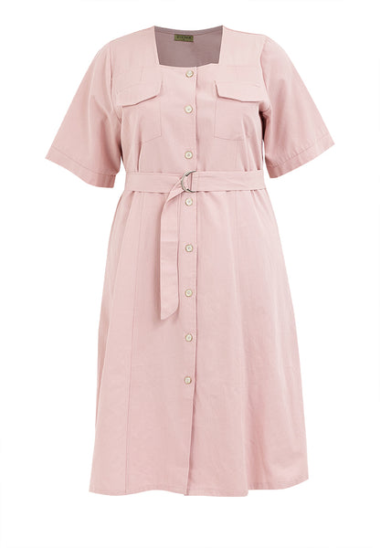 Plus Size Double Pocket Square Neck Button Down Dress with Belt