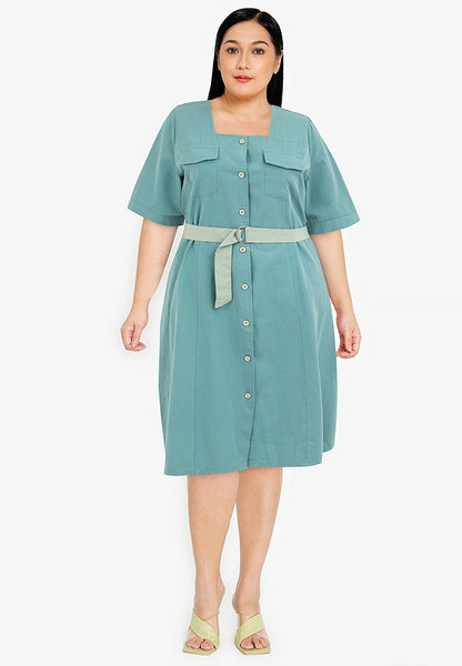 Plus Size Double Pocket Square Neck Button Down Dress with Belt