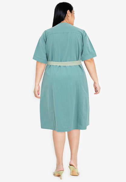 Plus Size Double Pocket Square Neck Button Down Dress with Belt