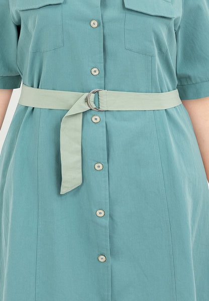 Plus Size Double Pocket Square Neck Button Down Dress with Belt