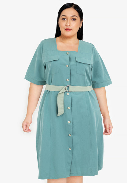 Plus Size Double Pocket Square Neck Button Down Dress with Belt