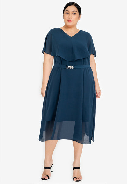 Divina Plus Size Capelet Midi Dress with Crystal Belt