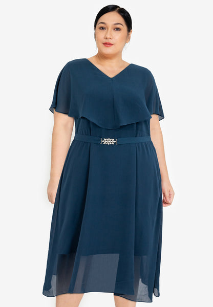 Divina Plus Size Capelet Midi Dress with Crystal Belt