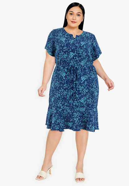 Divina Plus Size V-Detail Flounce Hem Printed Dress