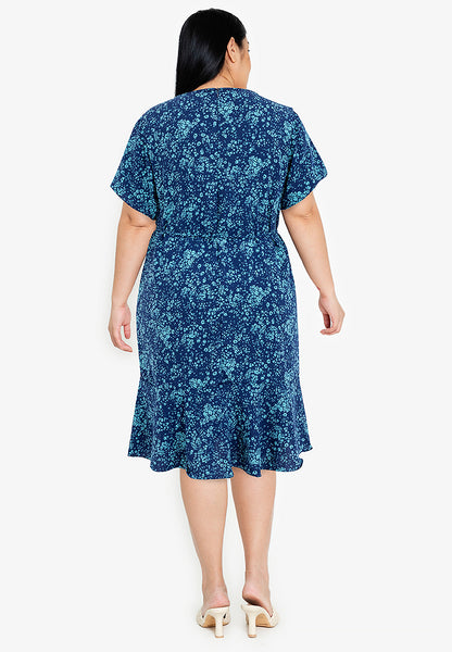 Divina Plus Size V-Detail Flounce Hem Printed Dress