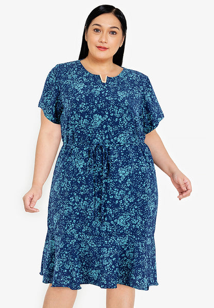 Divina Plus Size V-Detail Flounce Hem Printed Dress