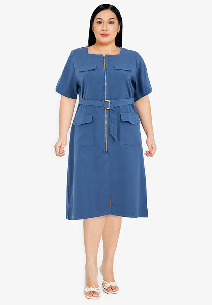 Divina Square Neck Front Zipper Dress with Pocket