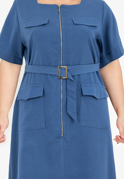 Divina Square Neck Front Zipper Dress with Pocket