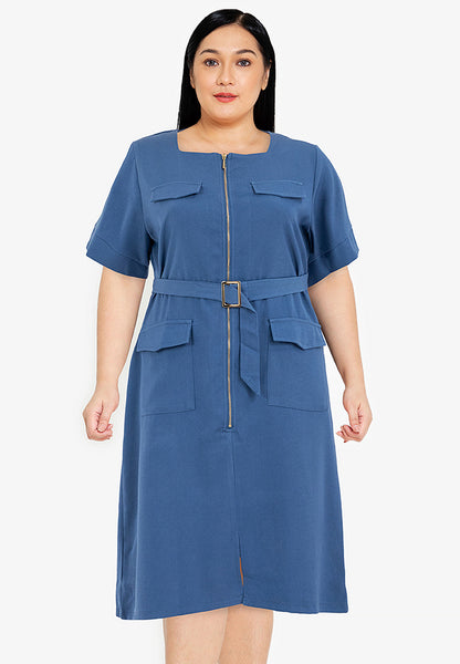 Divina Square Neck Front Zipper Dress with Pocket