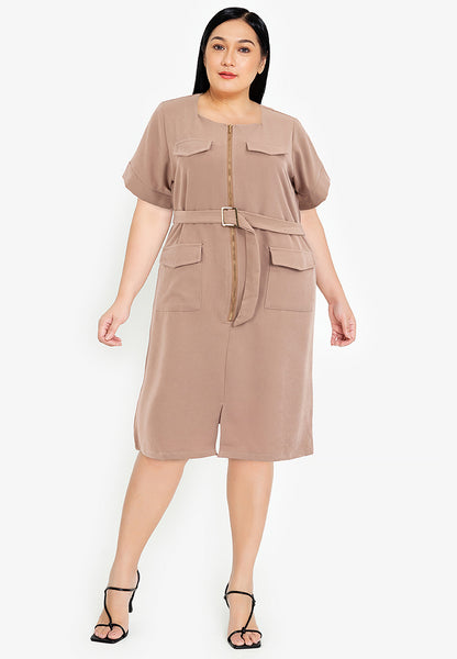 Divina Square Neck Front Zipper Dress with Pocket