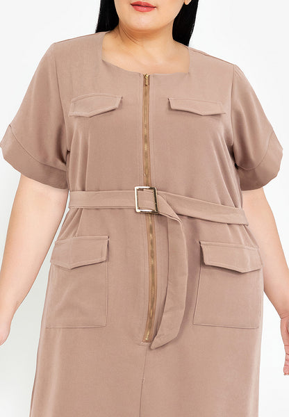 Divina Square Neck Front Zipper Dress with Pocket