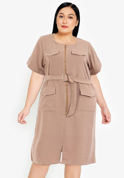 Divina Square Neck Front Zipper Dress with Pocket