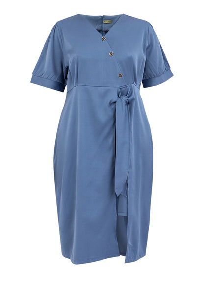 Divina Plus Size V-Neck Button Detail Overlap Dress