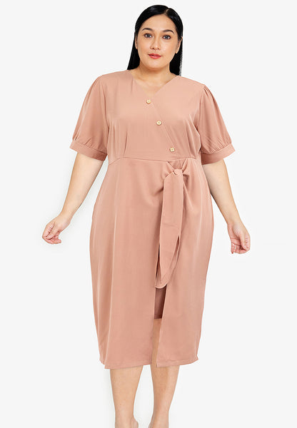 Divina Plus Size V-Neck Button Detail Overlap Dress