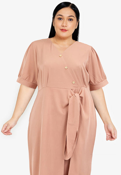 Divina Plus Size V-Neck Button Detail Overlap Dress