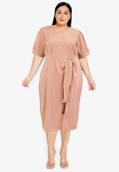 Divina Plus Size V-Neck Button Detail Overlap Dress
