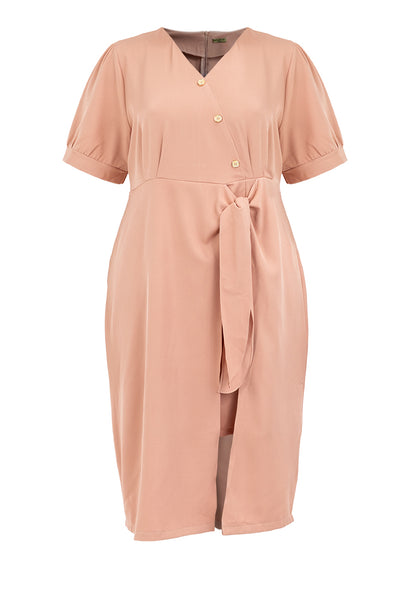 Divina Plus Size V-Neck Button Detail Overlap Dress