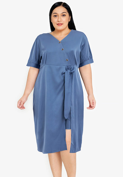 Divina Plus Size V-Neck Button Detail Overlap Dress
