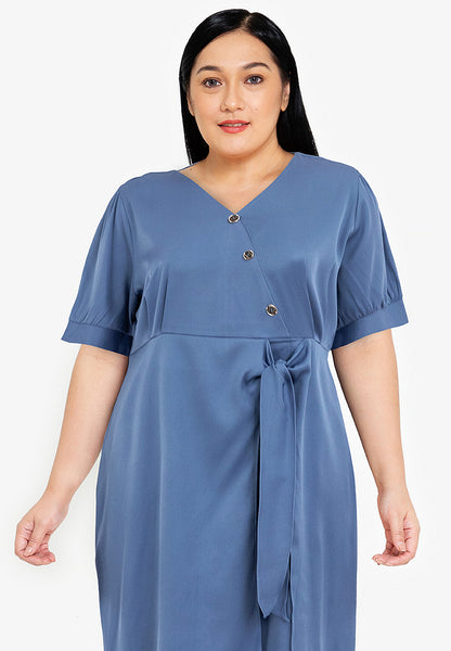 Divina Plus Size V-Neck Button Detail Overlap Dress