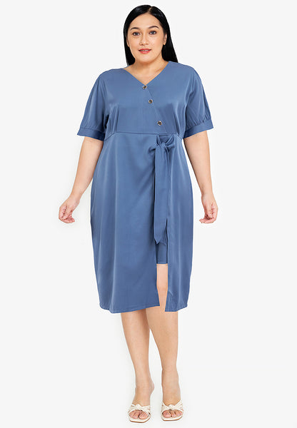Divina Plus Size V-Neck Button Detail Overlap Dress