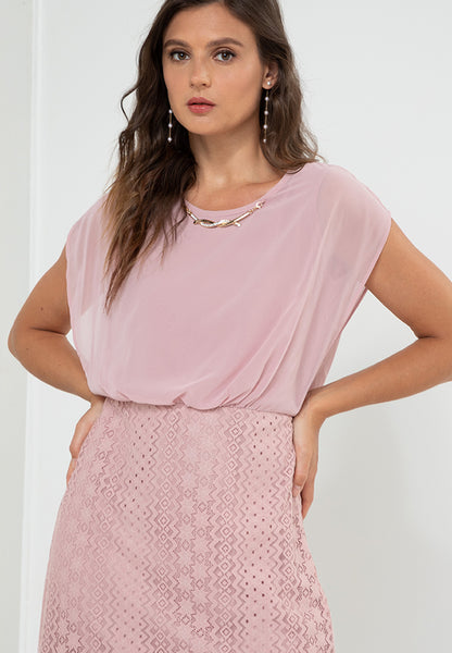 Krizia Blouson Lace Dress with Necklace