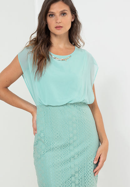 Krizia Blouson Lace Dress with Necklace