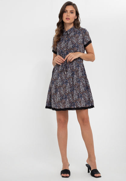 Printed Collar Button Down Adjustable Drawstring Shirt Dress With Trimmings Korean Style