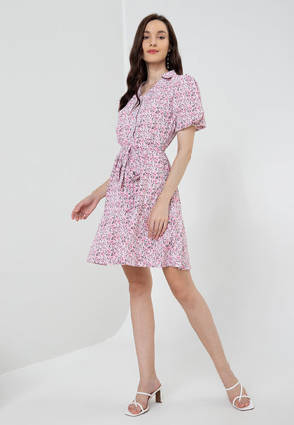 Krizia Button Down Collared Printed Puff Sleeve Dress